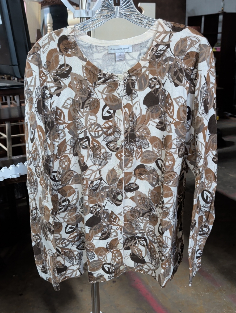 Christopher & Banks Cream Cardigan with Brown Leaf Print